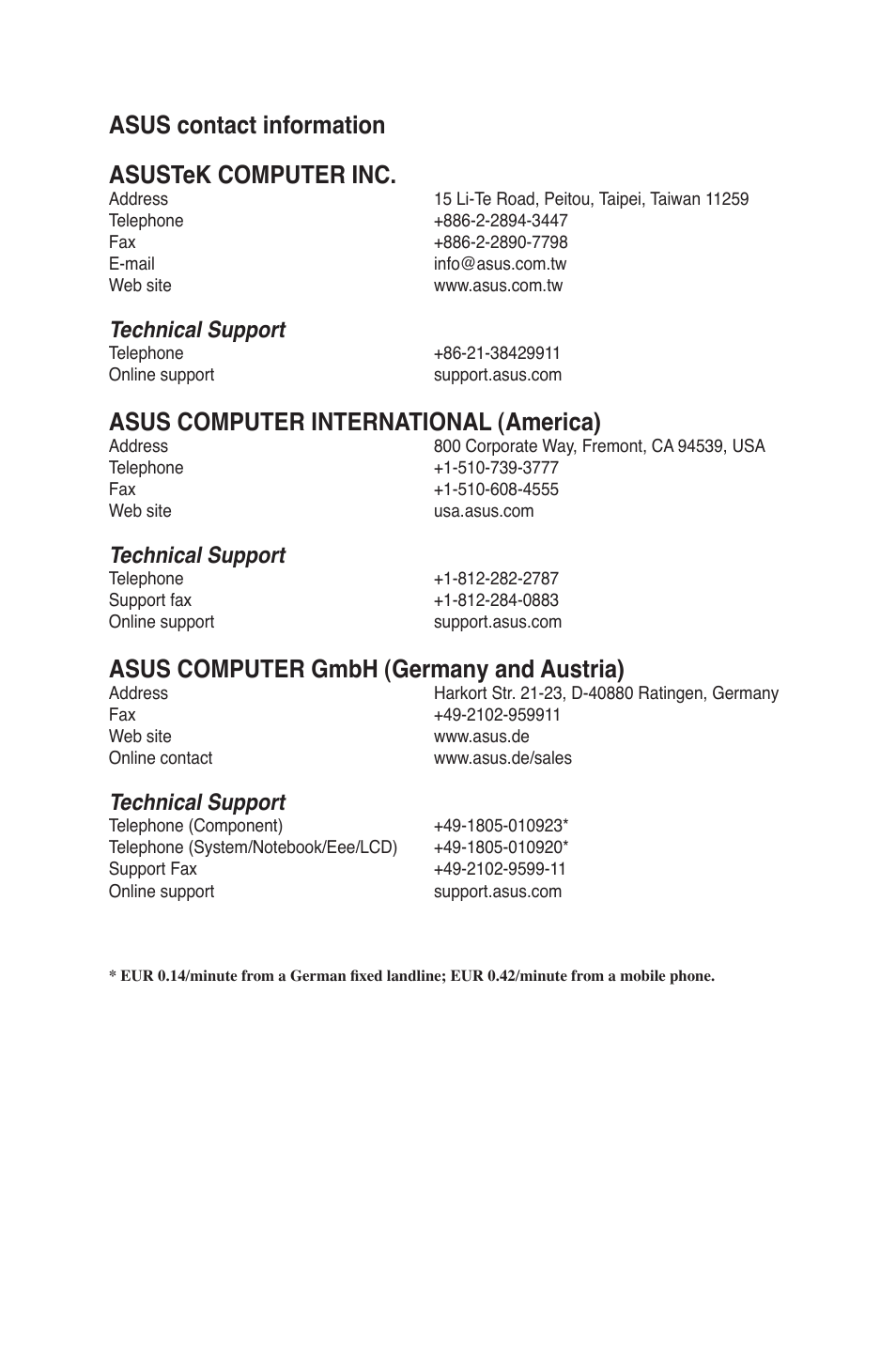 Asus contact information asustek computer inc, Asus computer international (america), Asus computer gmbh (germany and austria) | Technical support | Asus BP6260 User Manual | Page 64 / 64