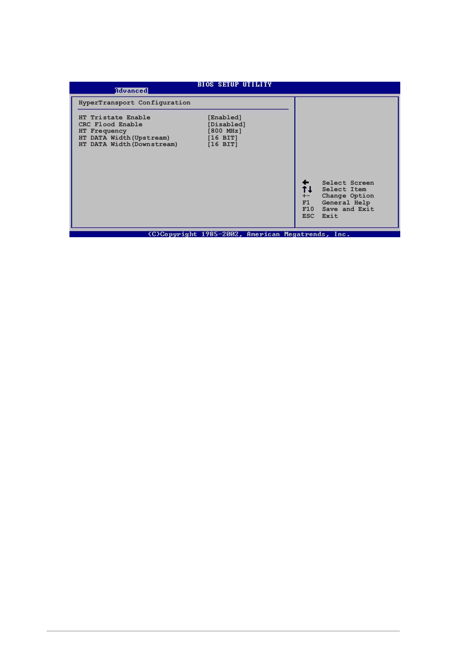 Hypertransport configuration, Ht tristate enable [enabled, Crc flood enable [disabled | Ht frequency [800 mhz, Ht data width (upstream) [16 bit, Ht data width (downstream) [16 bit, 16 chapter 4: bios setup | Asus SK8V User Manual | Page 82 / 144