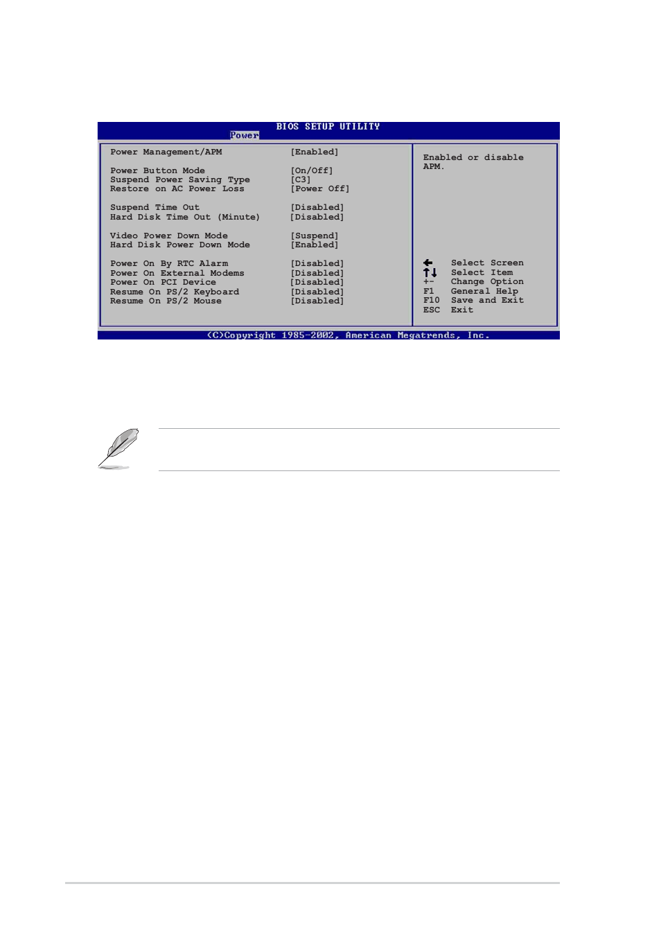 5 apm configuration, Power management/apm [enabled, Power button mode [on/off | Suspend power saving type [c3, Restore on ac power loss [last state, Suspend time out [disabled, 32 chapter 4: bios setup | Asus SK8V User Manual | Page 98 / 144