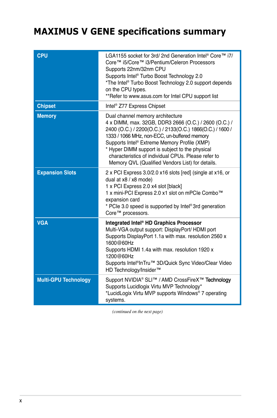 Maximus v gene specifications summary | Asus MAXIMUS V GENE User Manual | Page 10 / 208