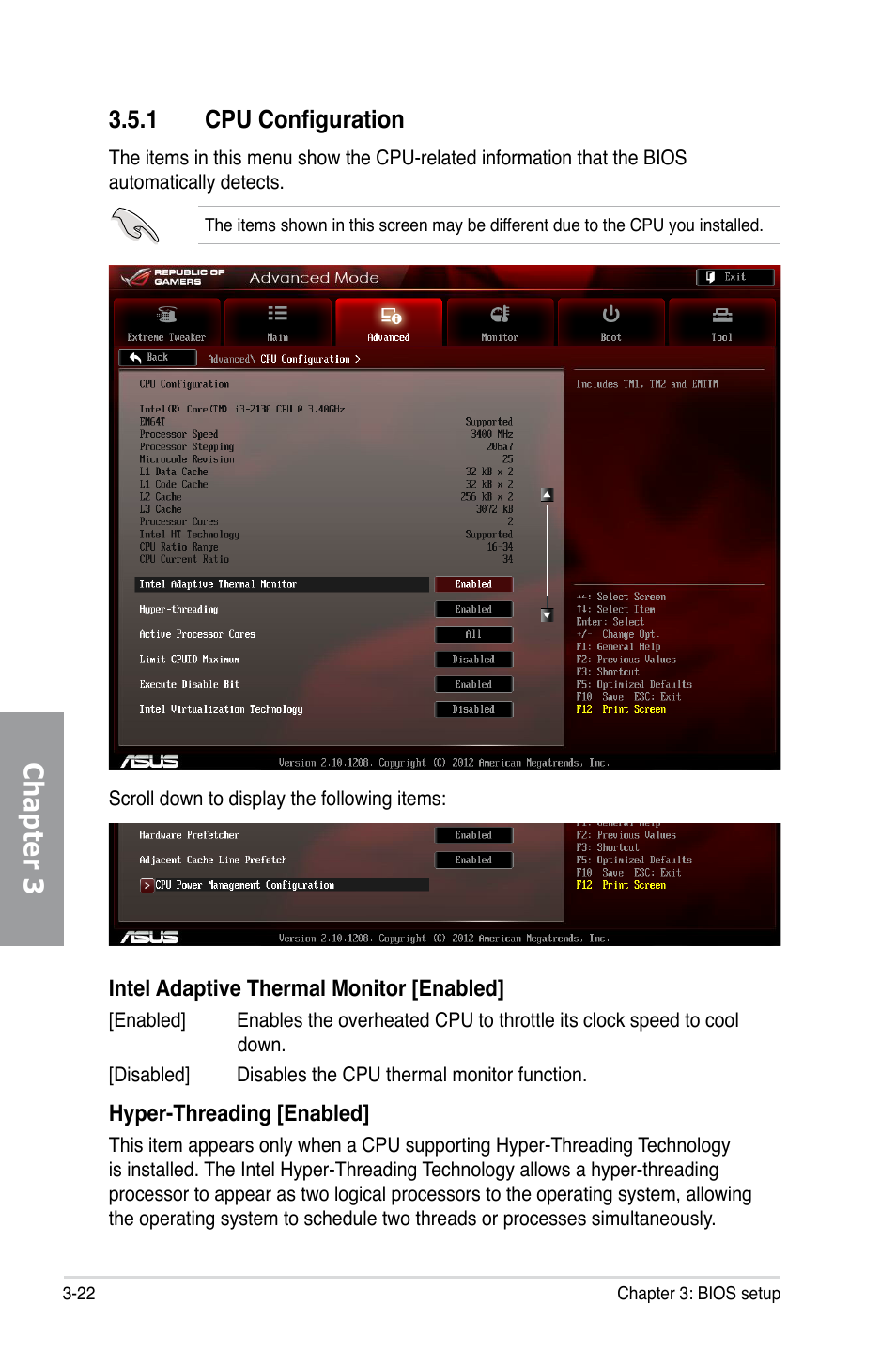 1 cpu configuration, Cpu configuration -22, Chapter 3 | Asus MAXIMUS V GENE User Manual | Page 102 / 208