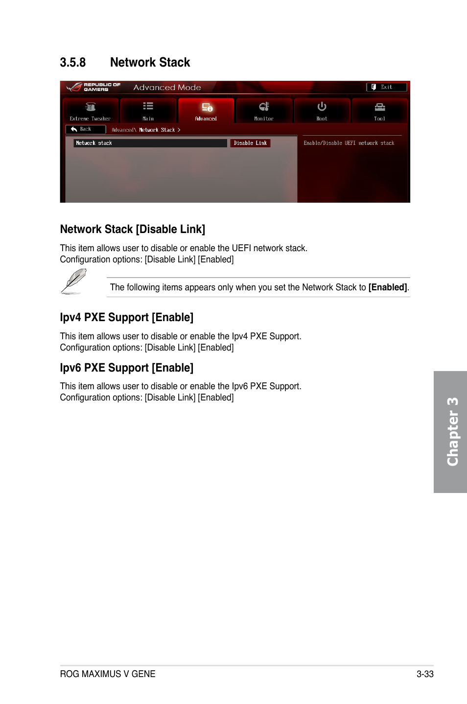 8 network stack, Network stack -33, Chapter 3 | Asus MAXIMUS V GENE User Manual | Page 113 / 208