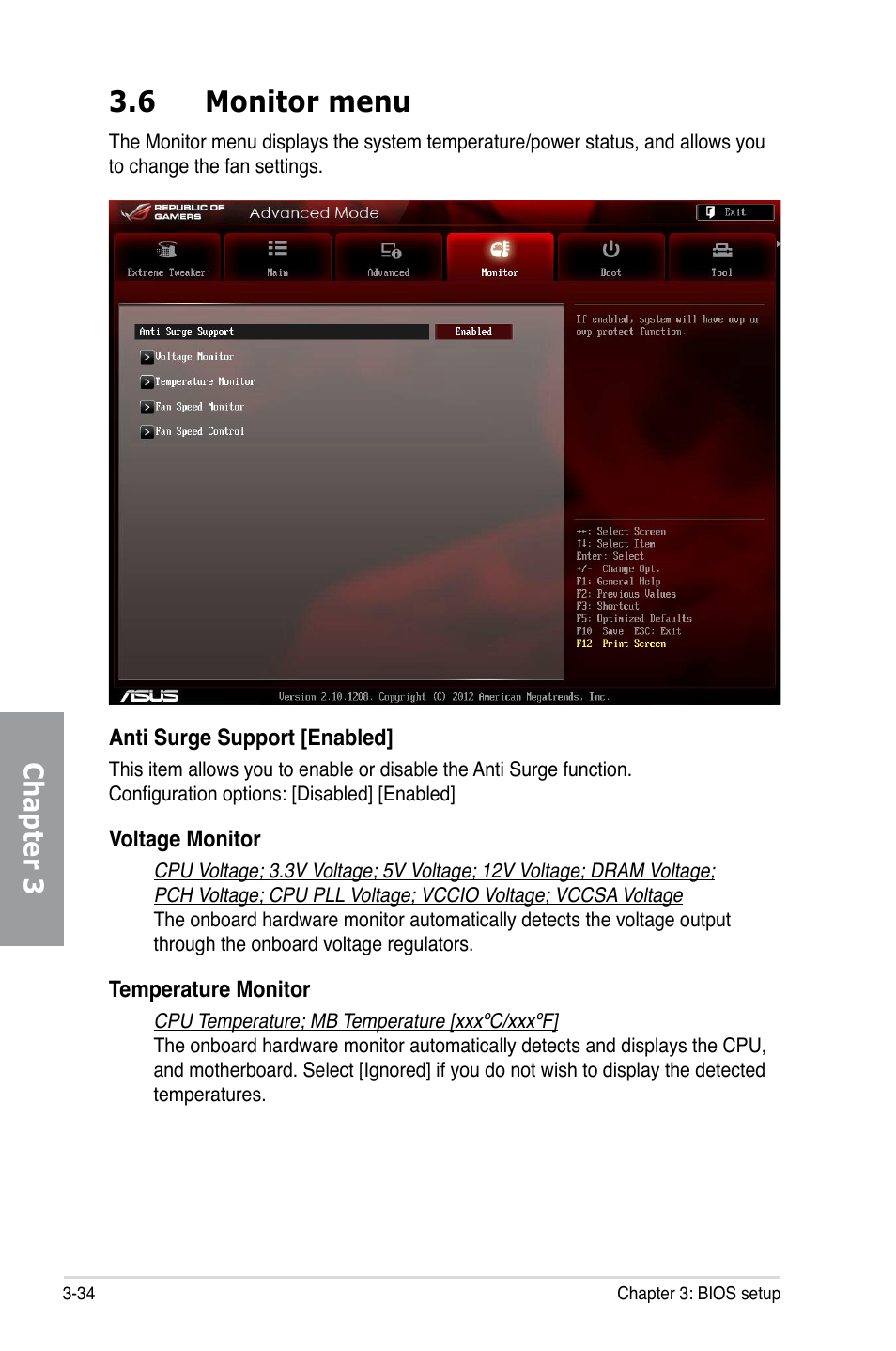 6 monitor menu, Monitor menu -34, Chapter 3 | Asus MAXIMUS V GENE User Manual | Page 114 / 208