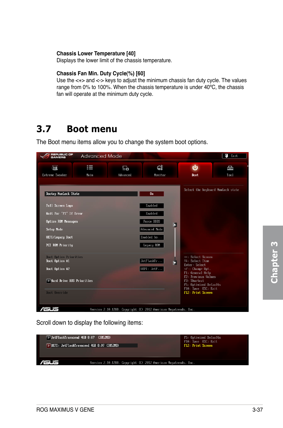 7 boot menu, Boot menu -37, Chapter 3 | Asus MAXIMUS V GENE User Manual | Page 117 / 208