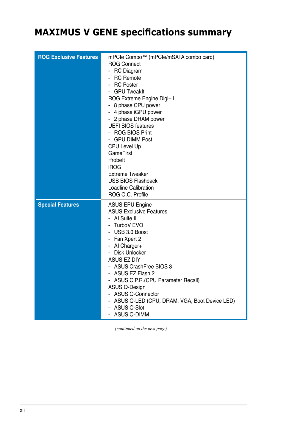 Maximus v gene specifications summary | Asus MAXIMUS V GENE User Manual | Page 12 / 208