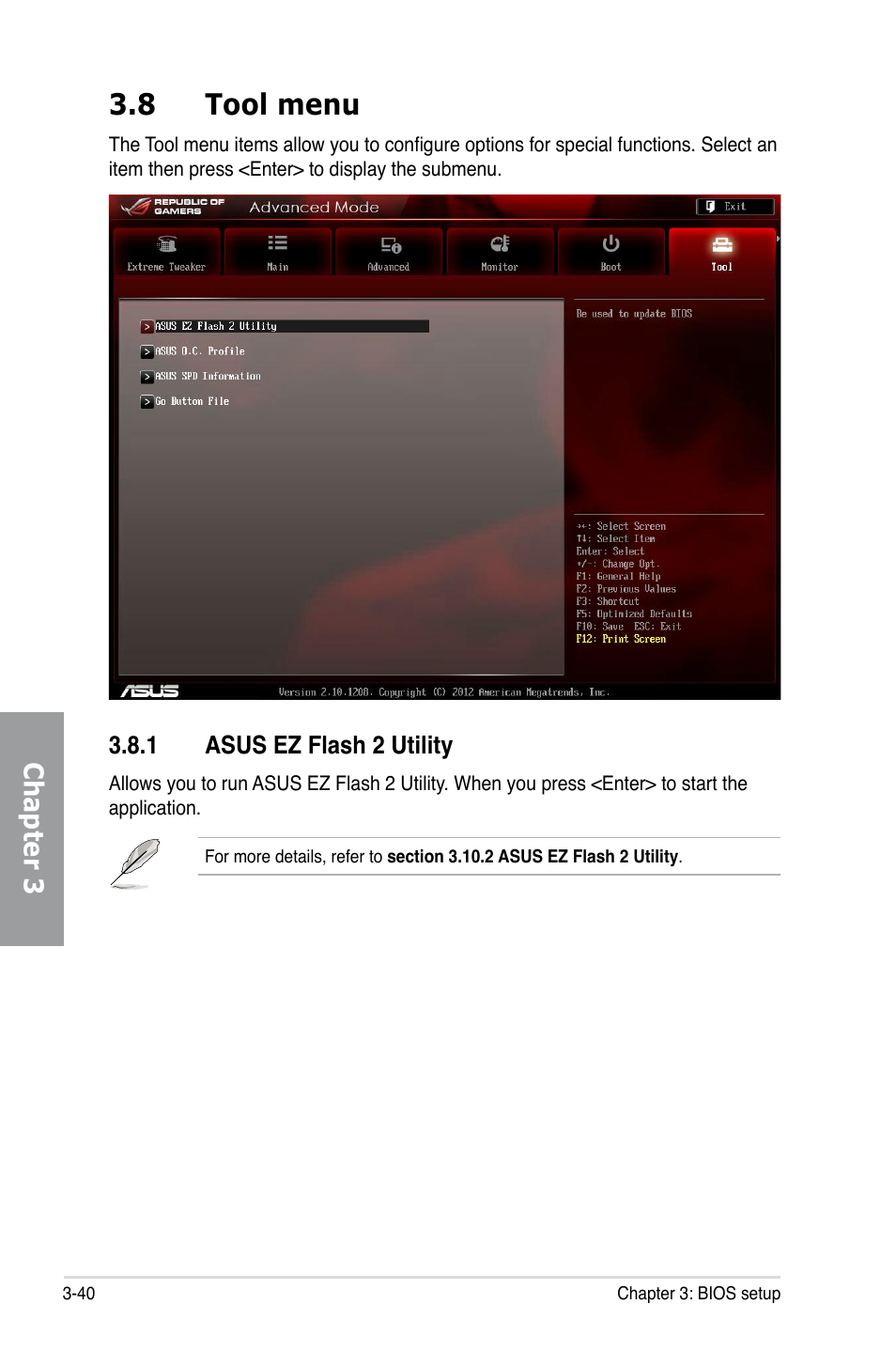 8 tool menu, 1 asus ez flash 2 utility, Tool menu -40 3.8.1 | Asus ez flash 2 utility -40, Chapter 3 | Asus MAXIMUS V GENE User Manual | Page 120 / 208