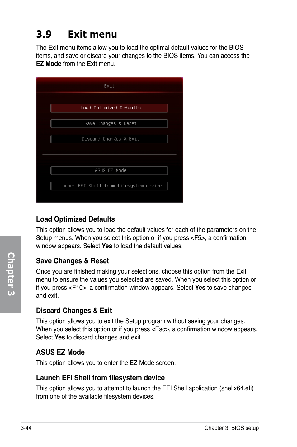 9 exit menu, Exit menu -44, Chapter 3 | Asus MAXIMUS V GENE User Manual | Page 124 / 208