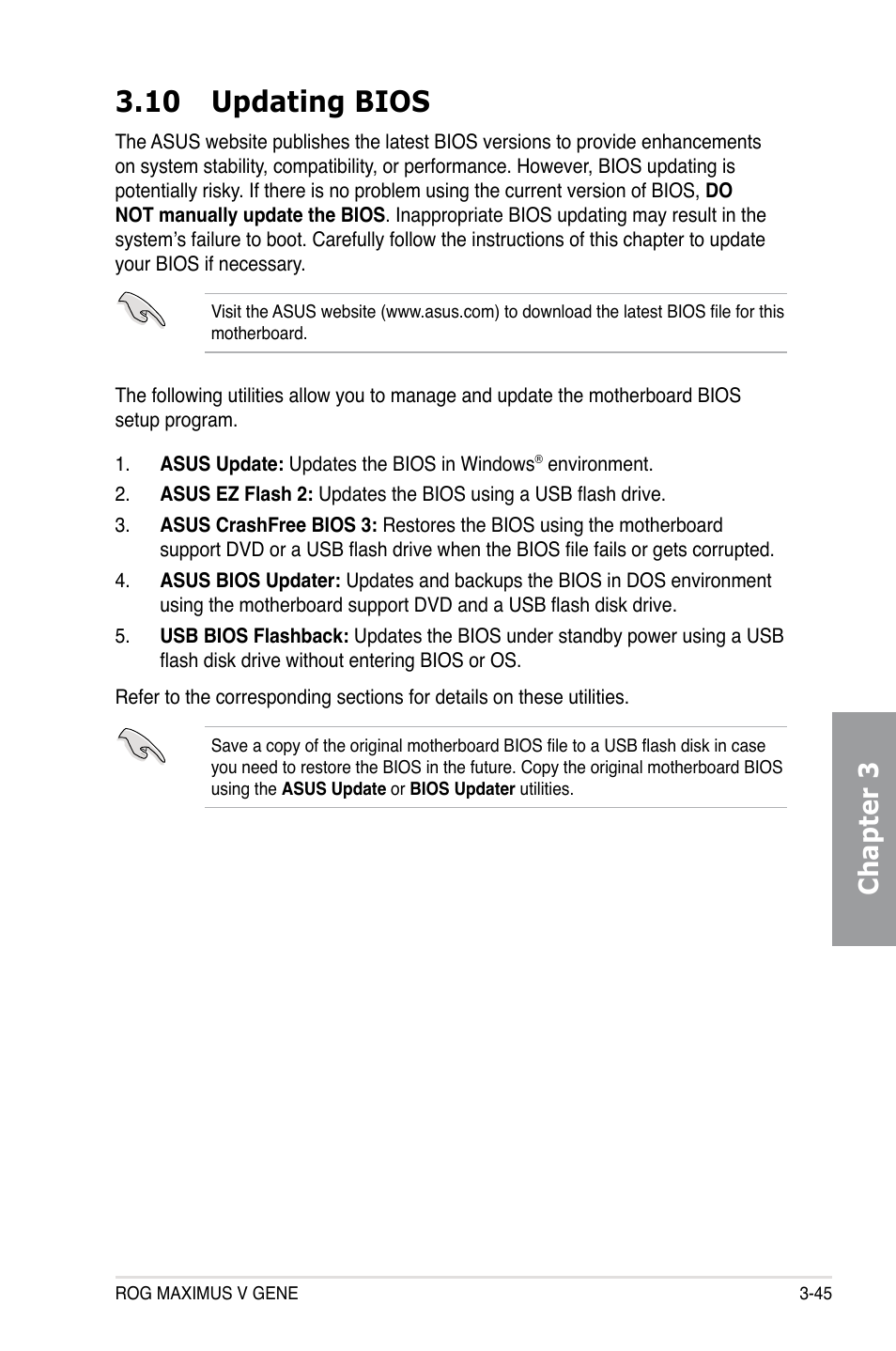 10 updating bios, 10 updating bios -45, Chapter 3 | Asus MAXIMUS V GENE User Manual | Page 125 / 208