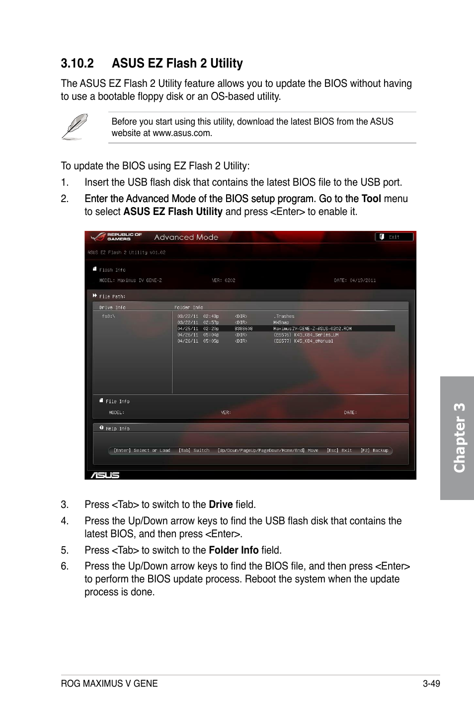 2 asus ez flash 2 utility, 2 asus ez flash 2 utility -49, Chapter 3 | Asus MAXIMUS V GENE User Manual | Page 129 / 208