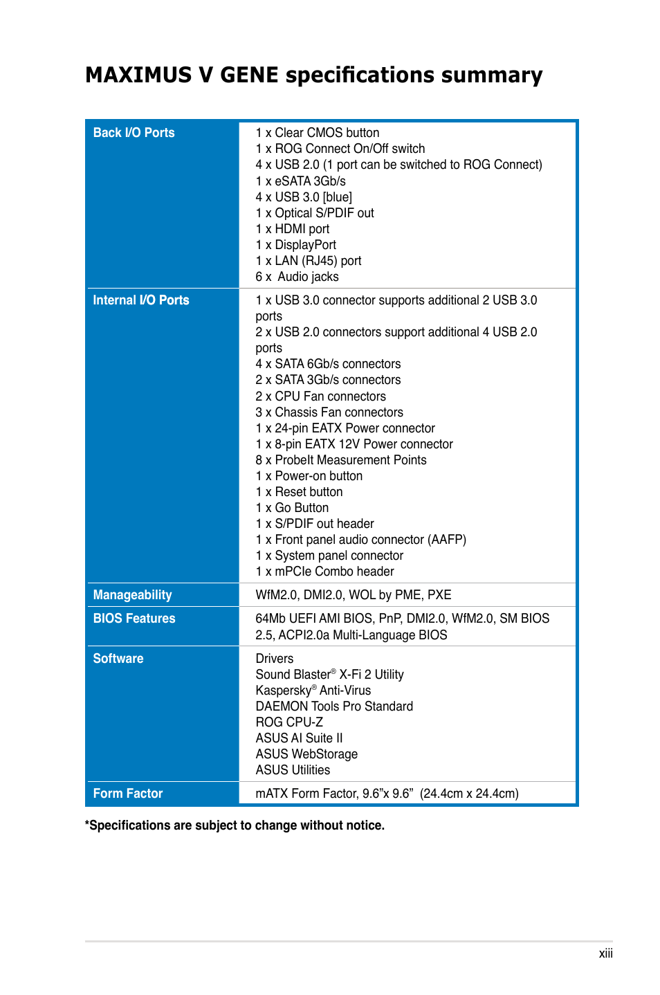 Maximus v gene specifications summary | Asus MAXIMUS V GENE User Manual | Page 13 / 208