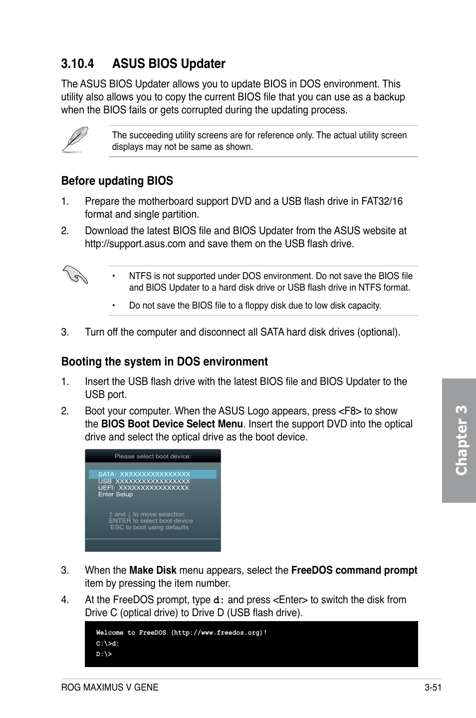 4 asus bios updater, 4 asus bios updater -51, Chapter 3 | Booting the system in dos environment, Before updating bios | Asus MAXIMUS V GENE User Manual | Page 131 / 208