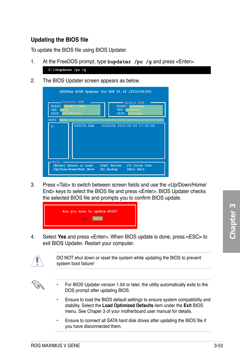 Chapter 3, Updating the bios file | Asus MAXIMUS V GENE User Manual | Page 133 / 208