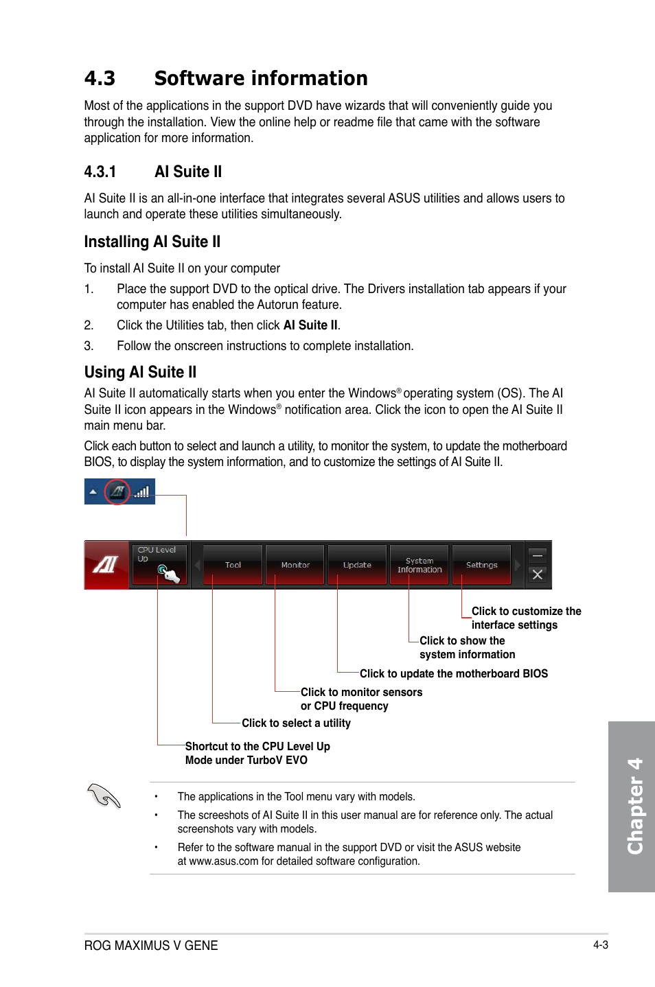 3 software information, 1 ai suite ii, Software information -3 4.3.1 | Ai suite ii -3, Chapter 4 4.3 software information, Installing ai suite ii, Using ai suite ii | Asus MAXIMUS V GENE User Manual | Page 137 / 208