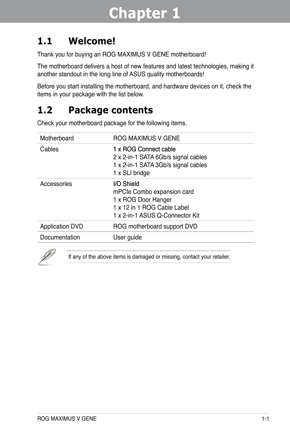 Chapter 1: product introduction, 1 welcome, 2 package contents | Chapter 1, Product introduction, Welcome! -1, Package contents -1 | Asus MAXIMUS V GENE User Manual | Page 15 / 208