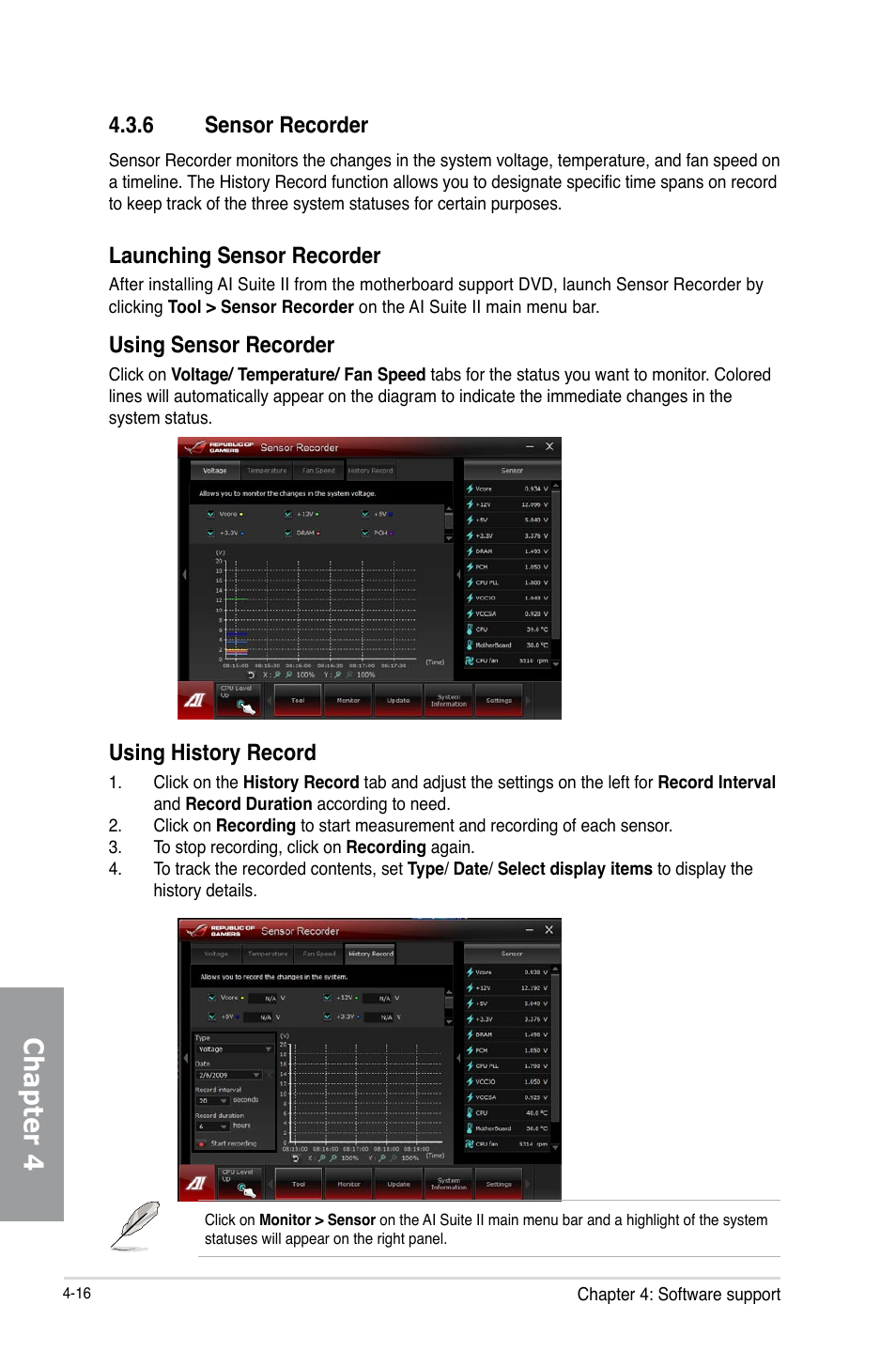 6 sensor recorder, Sensor recorder -16, Chapter 4 | Launching sensor recorder, Using sensor recorder, Using history record | Asus MAXIMUS V GENE User Manual | Page 150 / 208