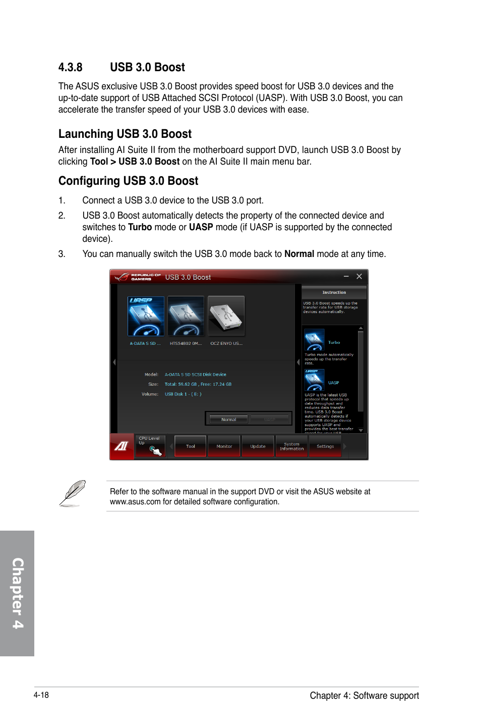 8 usb 3.0 boost, Usb 3.0 boost -18, Chapter 4 | Launching usb 3.0 boost, Configuring usb 3.0 boost | Asus MAXIMUS V GENE User Manual | Page 152 / 208