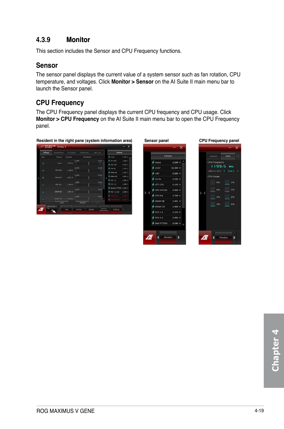 9 monitor, Monitor -19, Chapter 4 | 9 monitor monitor, Sensor, Cpu frequency | Asus MAXIMUS V GENE User Manual | Page 153 / 208