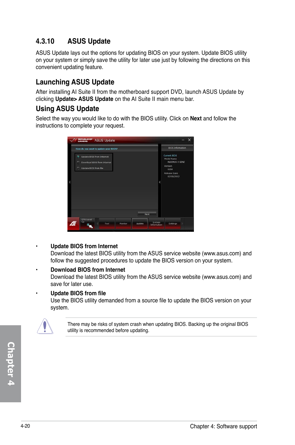 10 asus update, 10 asus update -20, Chapter 4 | Launching asus update, Using asus update | Asus MAXIMUS V GENE User Manual | Page 154 / 208