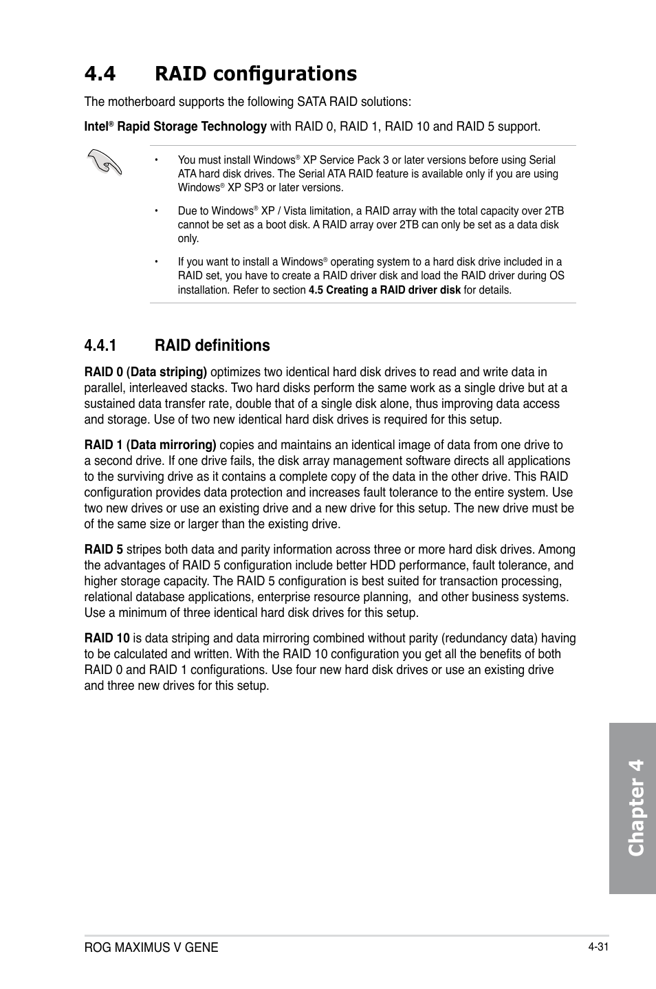 4 raid configurations, 1 raid definitions, Raid configurations -31 4.4.1 | Raid definitions -31, Chapter 4 4.4 raid configurations | Asus MAXIMUS V GENE User Manual | Page 165 / 208