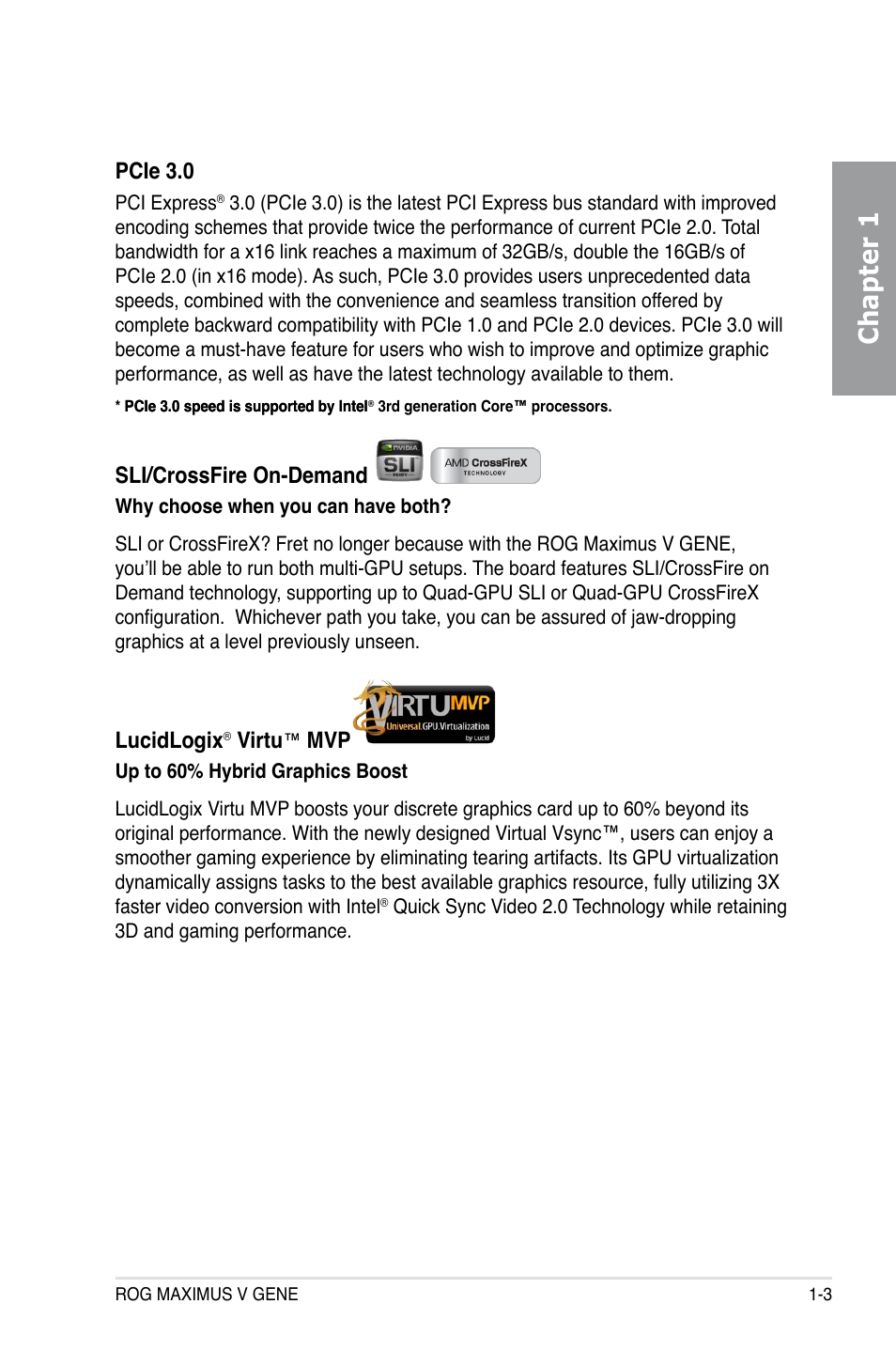 Chapter 1, Pcie 3.0, Sli/crossfire on-demand | Lucidlogix, Virtu | Asus MAXIMUS V GENE User Manual | Page 17 / 208