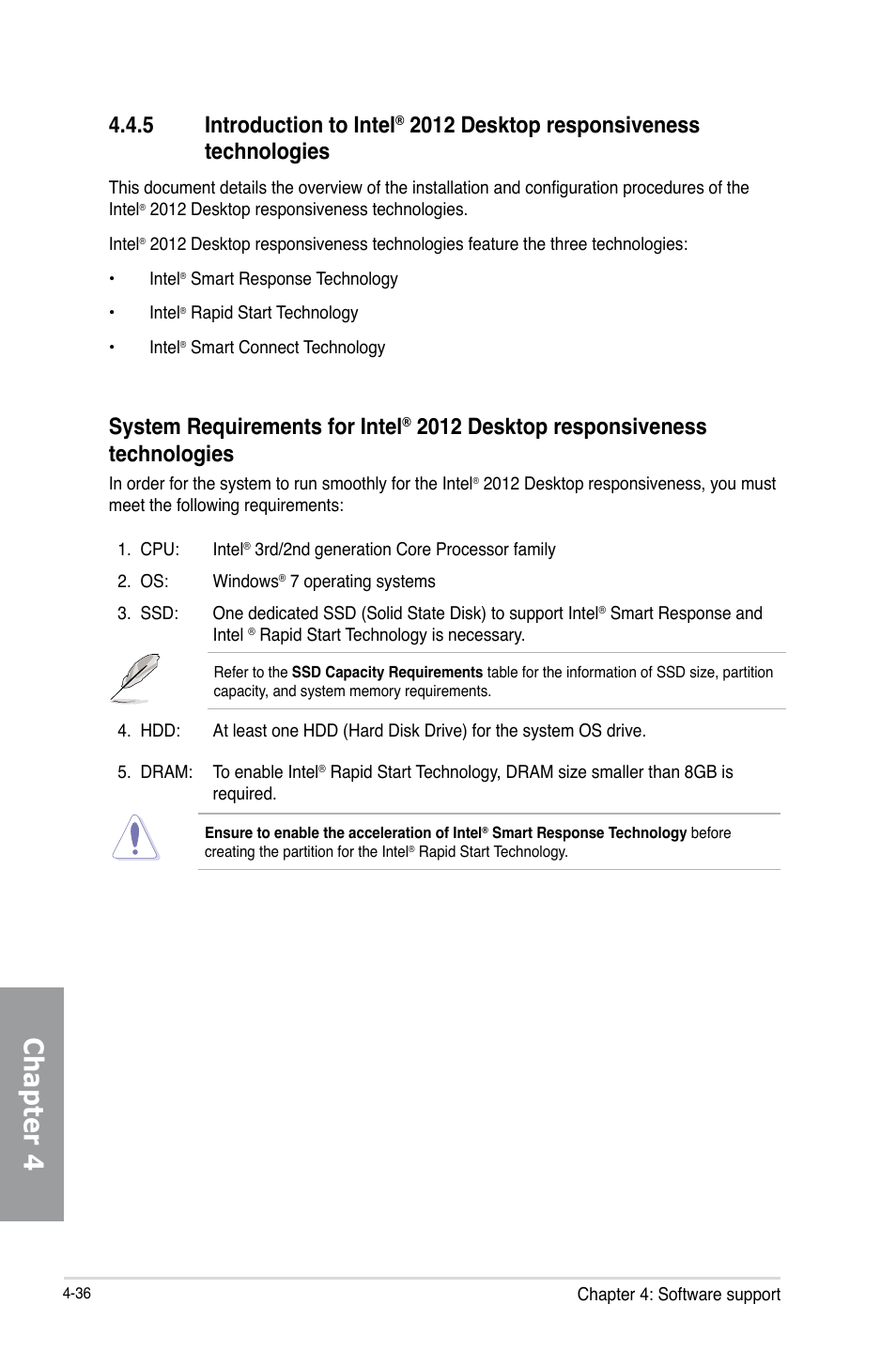 Introduction to intel, 2012 desktop responsiveness, Technologies -36 | Chapter 4, 5 introduction to intel, 2012 desktop responsiveness technologies, System requirements for intel | Asus MAXIMUS V GENE User Manual | Page 170 / 208