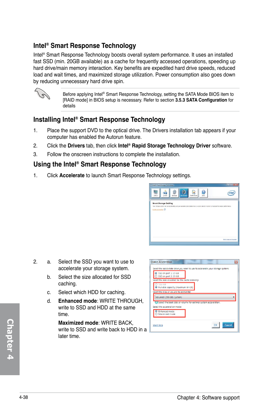 Chapter 4, Intel, Smart response technology | Installing intel, Using the intel | Asus MAXIMUS V GENE User Manual | Page 172 / 208