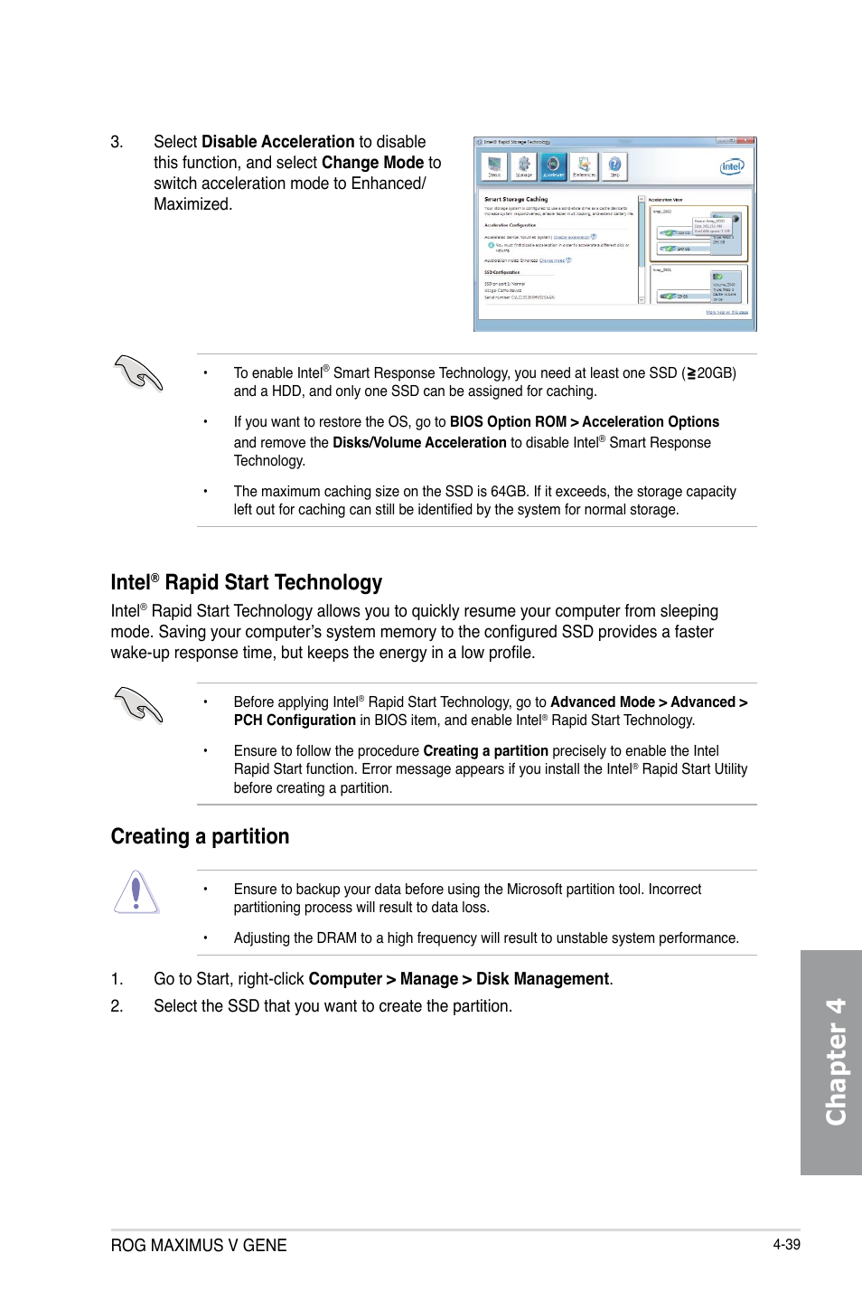 Chapter 4, Intel, Rapid start technology | Creating a partition | Asus MAXIMUS V GENE User Manual | Page 173 / 208