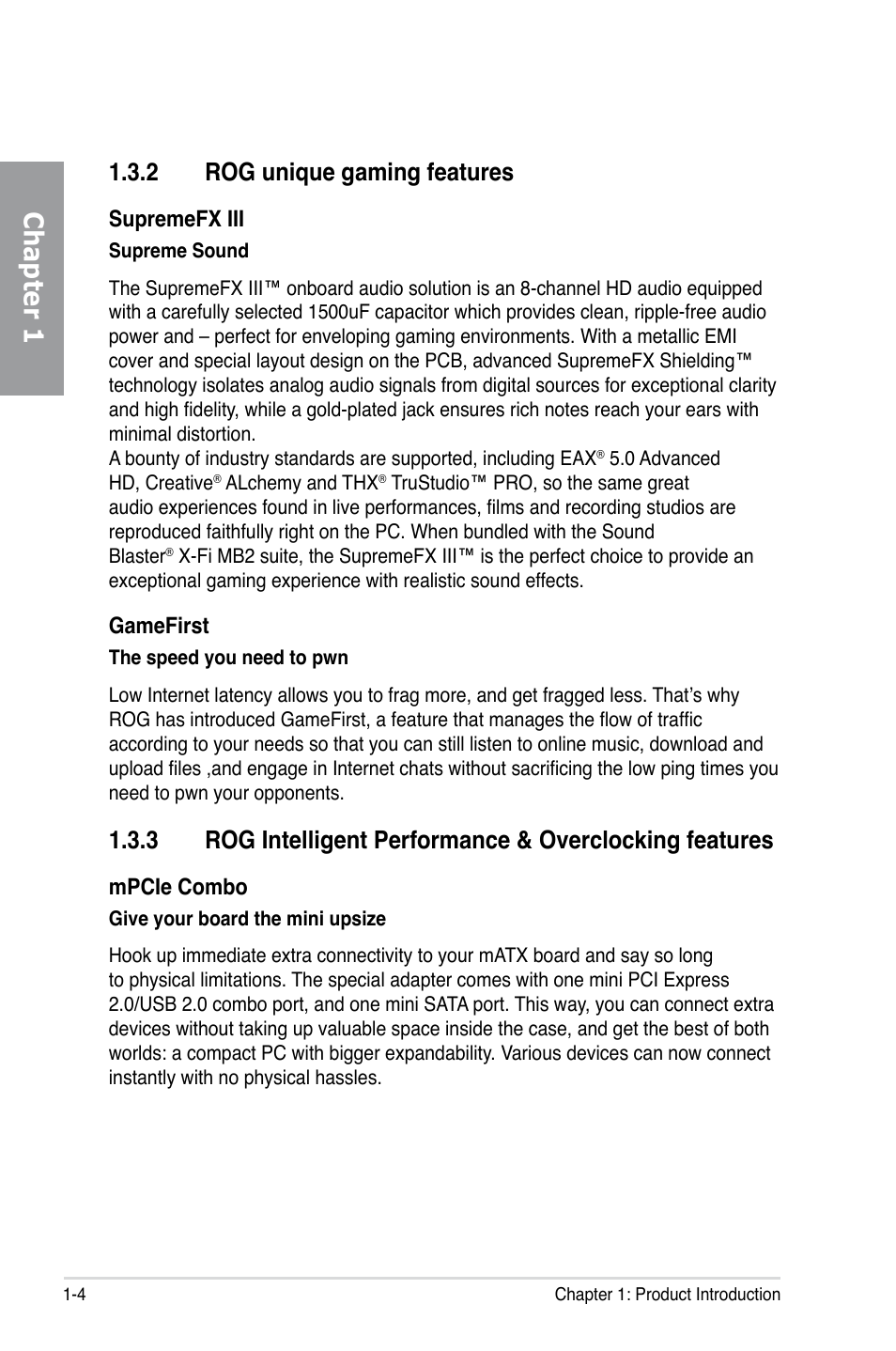 2 rog unique gaming features, Rog unique gaming features -4, Chapter 1 | Asus MAXIMUS V GENE User Manual | Page 18 / 208