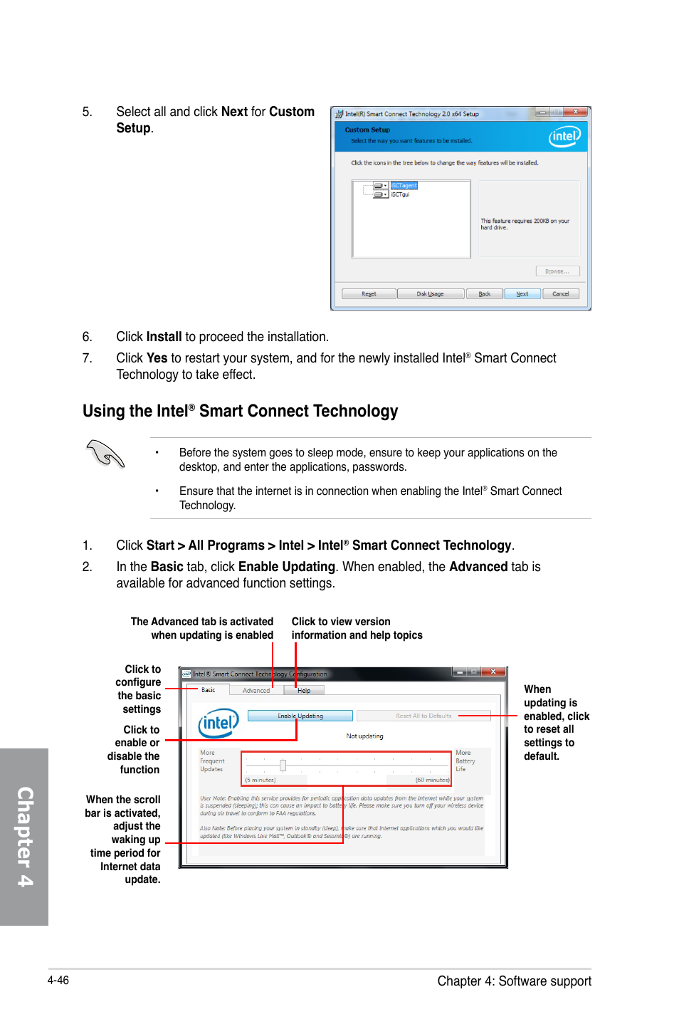 Chapter 4, Using the intel, Smart connect technology | Asus MAXIMUS V GENE User Manual | Page 180 / 208