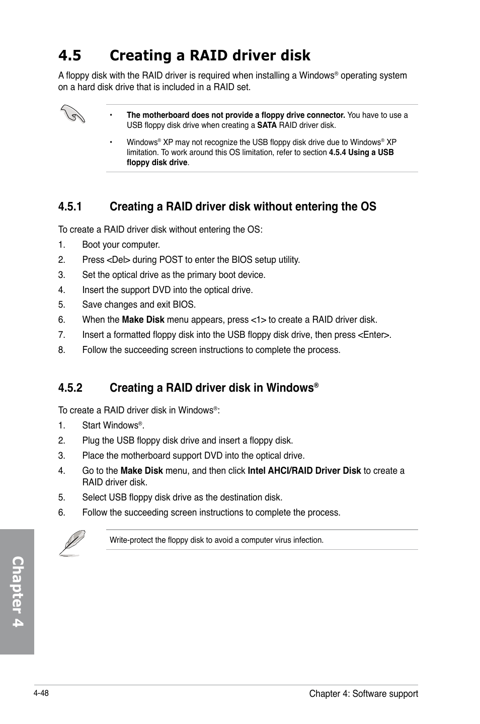 5 creating a raid driver disk, 2 creating a raid driver disk in windows, Creating a raid driver disk -48 4.5.1 | Creating a raid driver disk in windows, Chapter 4 4.5 creating a raid driver disk | Asus MAXIMUS V GENE User Manual | Page 182 / 208