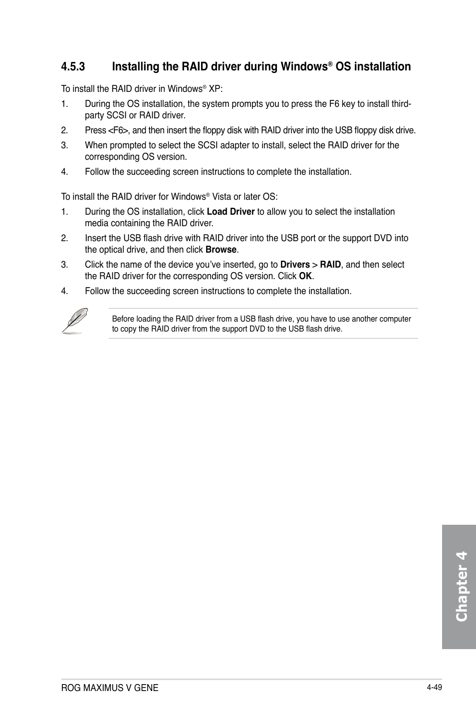 Installing the raid driver during windows, Installation -49, Chapter 4 | 3 installing the raid driver during windows, Os installation | Asus MAXIMUS V GENE User Manual | Page 183 / 208