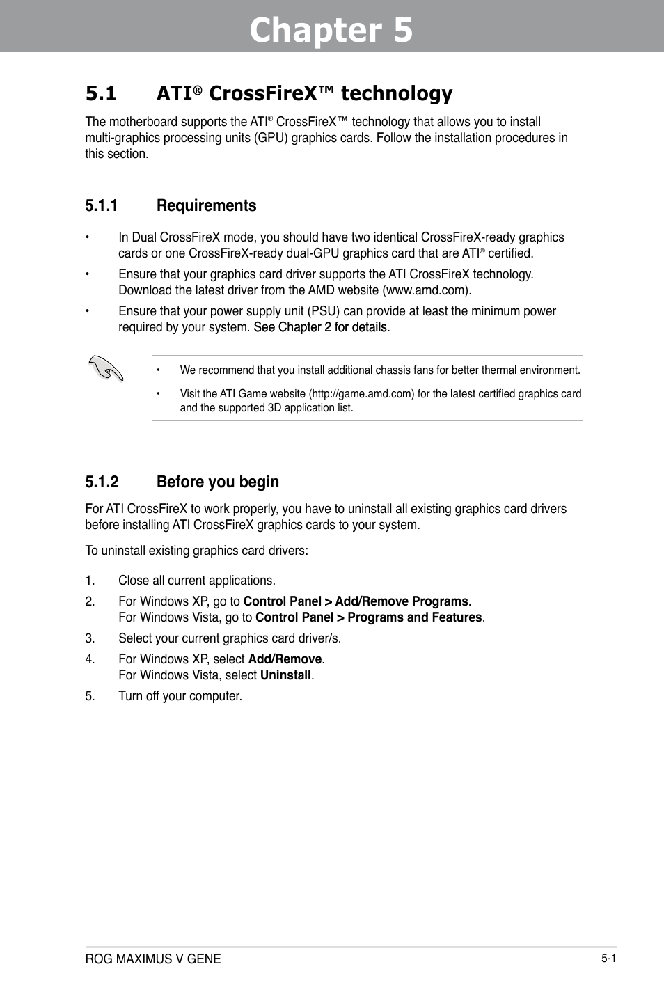 Chapter 5: multiple gpu technology support, 1 ati® crossfirex™ technology, 1 requirements | 2 before you begin, Chapter 5, Multiple gpu technology support, Crossfirex™ technology -1, Requirements -1, Before you begin -1, 1 ati | Asus MAXIMUS V GENE User Manual | Page 187 / 208