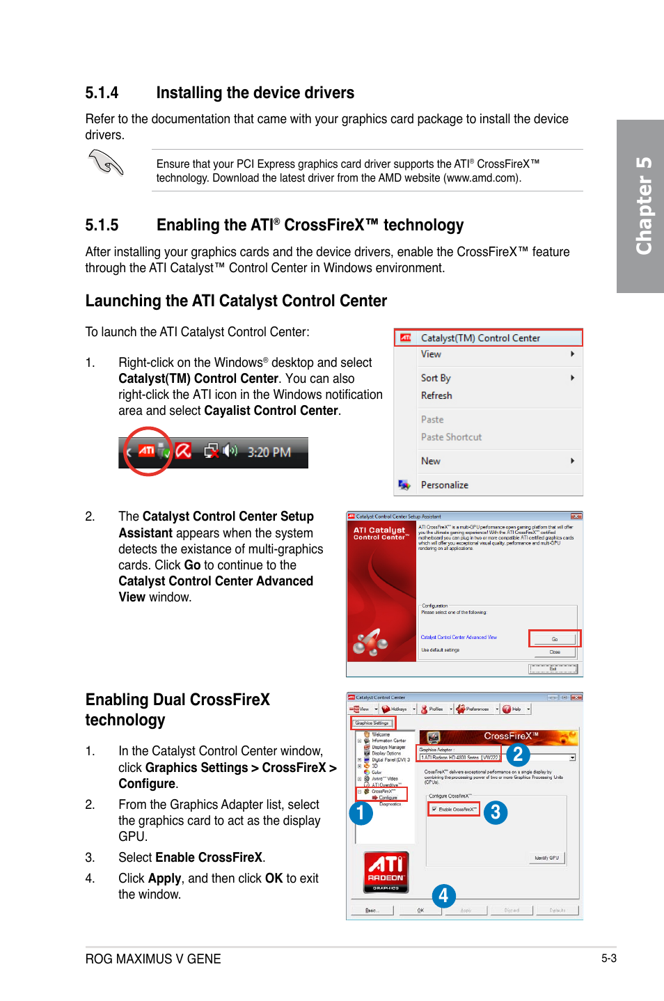 4 installing the device drivers, 5 enabling the ati® crossfirex™ technology, Installing the device drivers -3 | Enabling the ati, Crossfirex™ technology -3, Chapter 5, 5 enabling the ati, Crossfirex™ technology, Launching the ati catalyst control center, Enabling dual crossfirex technology | Asus MAXIMUS V GENE User Manual | Page 189 / 208