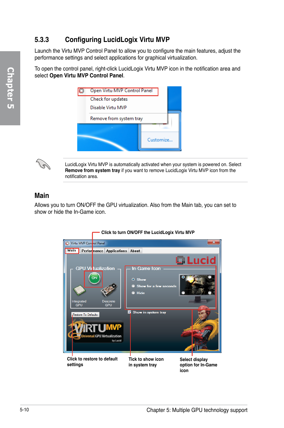 3 configuring lucidlogix virtu mvp, Configuring lucidlogix virtu mvp -10, Chapter 5 | Main | Asus MAXIMUS V GENE User Manual | Page 196 / 208