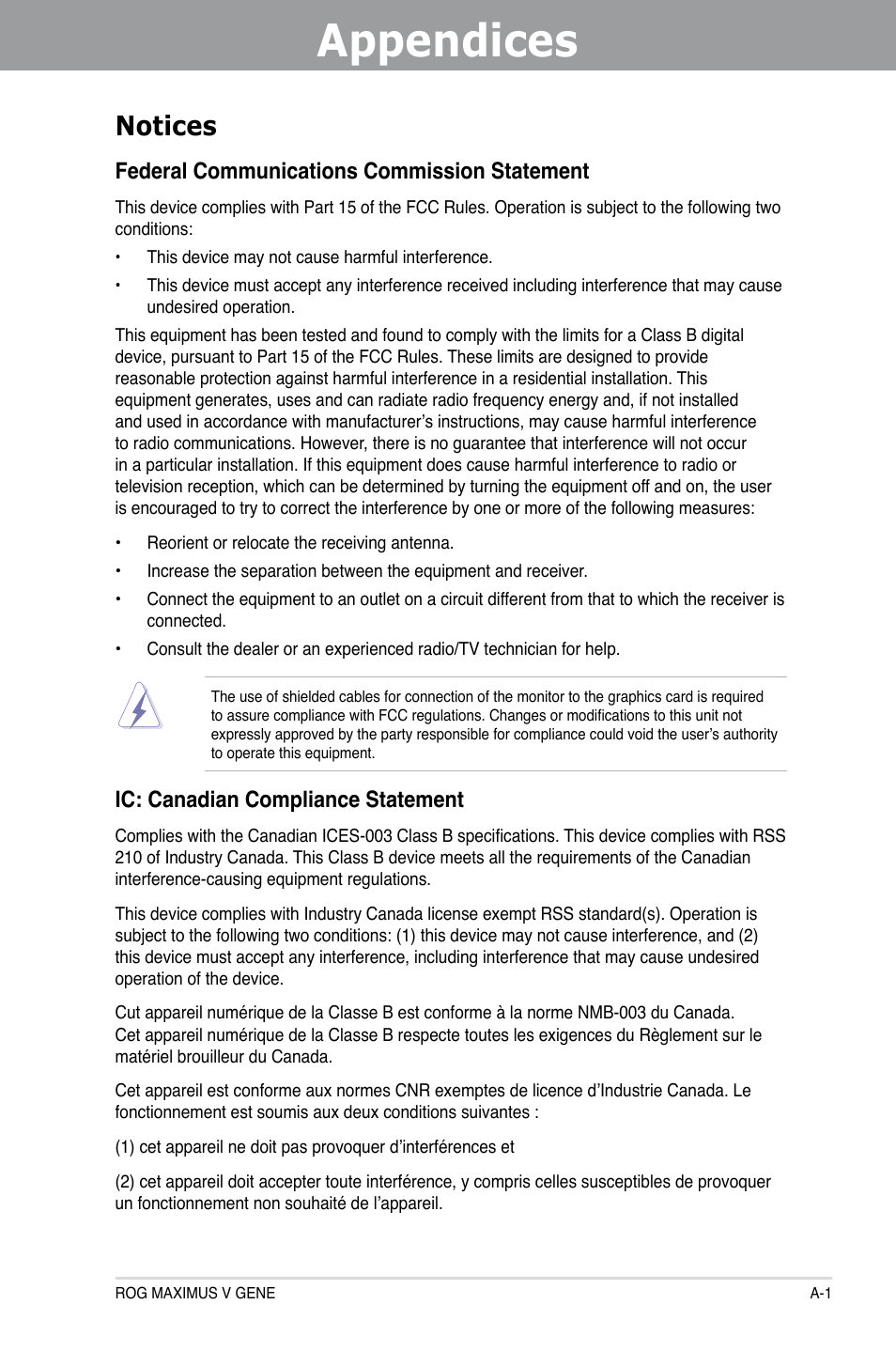 Notices, Appendices, Federal communications commission statement | Ic: canadian compliance statement | Asus MAXIMUS V GENE User Manual | Page 199 / 208