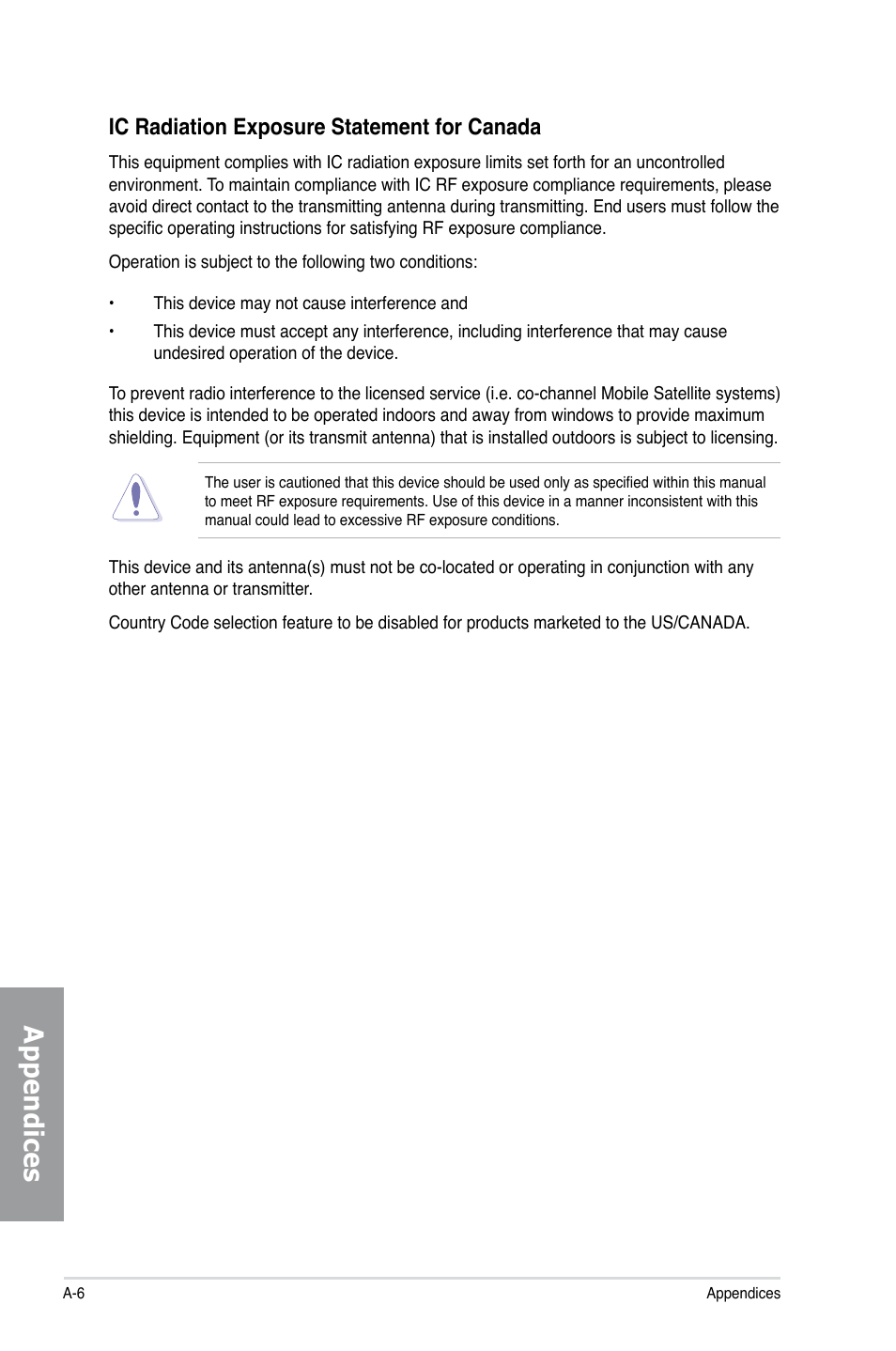 Appendices, Ic radiation exposure statement for canada | Asus MAXIMUS V GENE User Manual | Page 204 / 208