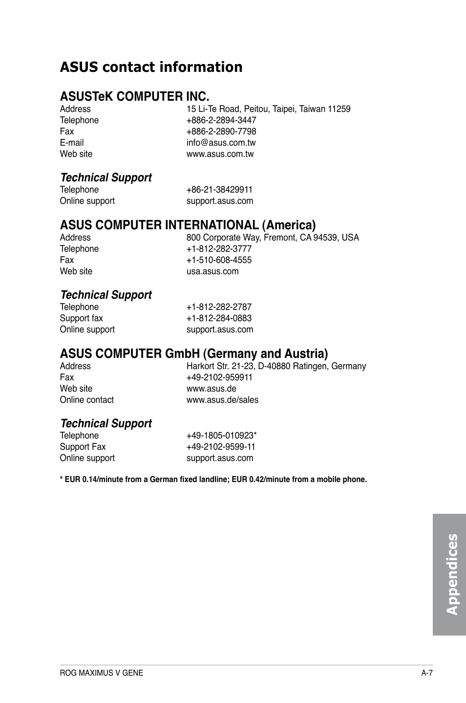 Appendices asus contact information, Asustek computer inc, Asus computer international (america) | Asus computer gmbh (germany and austria), Technical support | Asus MAXIMUS V GENE User Manual | Page 205 / 208