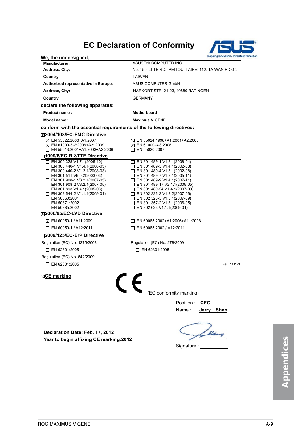 Appendices, Ec declaration of conformity | Asus MAXIMUS V GENE User Manual | Page 207 / 208