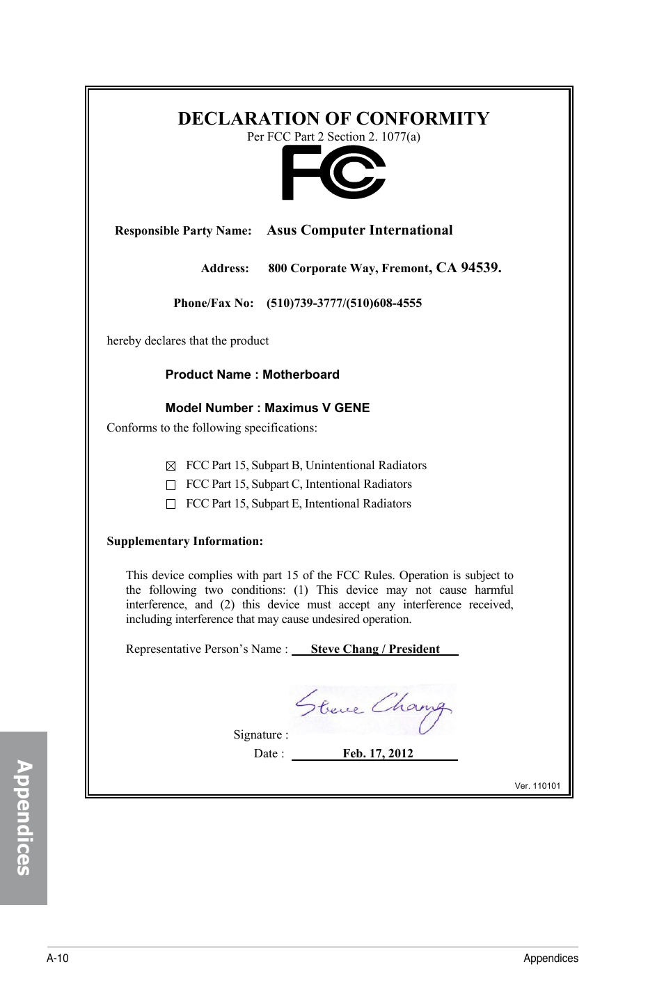 Appendices, Declaration of conformity | Asus MAXIMUS V GENE User Manual | Page 208 / 208