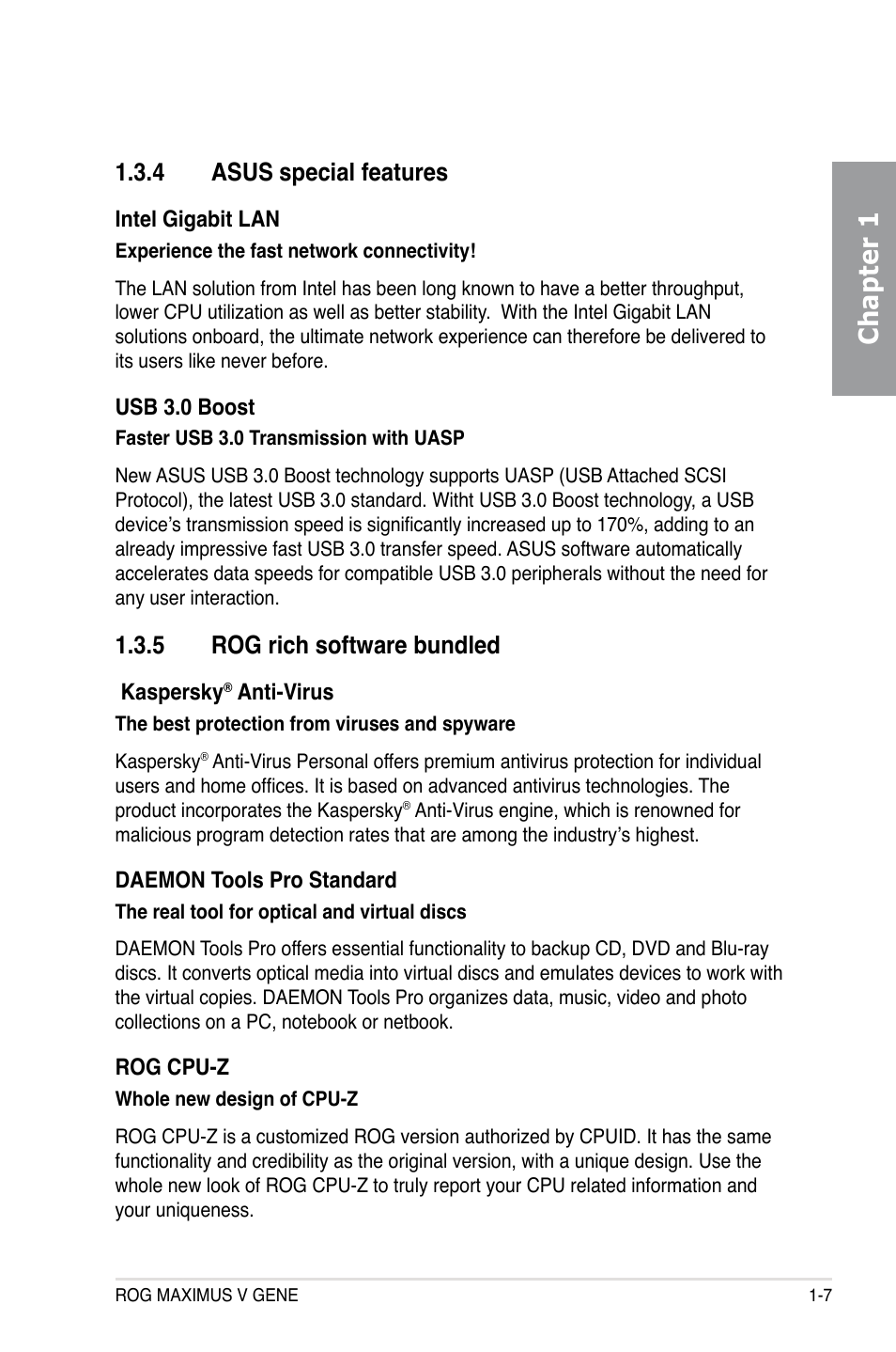 4 asus special features, 5 rog rich software bundled, Asus special features -7 | Rog rich software bundled -7, Chapter 1 | Asus MAXIMUS V GENE User Manual | Page 21 / 208