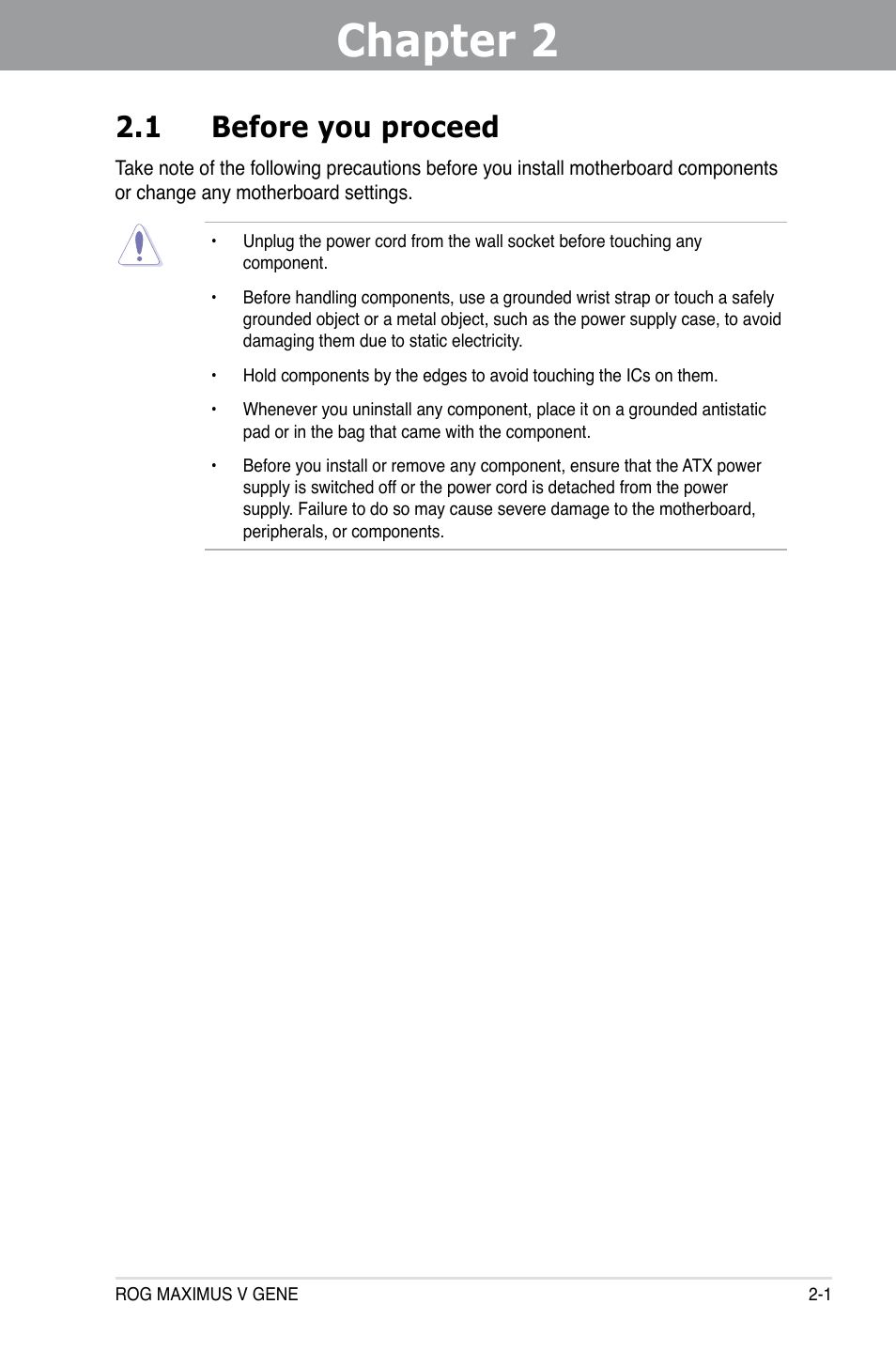 Chapter 2: hardware information, 1 before you proceed, Chapter 2 | Hardware information, Before you proceed -1 | Asus MAXIMUS V GENE User Manual | Page 23 / 208