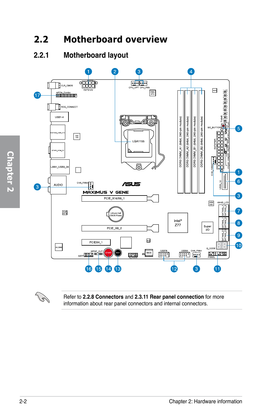 2 motherboard overview, 1 motherboard layout, Motherboard overview -2 2.2.1 | Motherboard layout -2, Chapter 2 | Asus MAXIMUS V GENE User Manual | Page 24 / 208