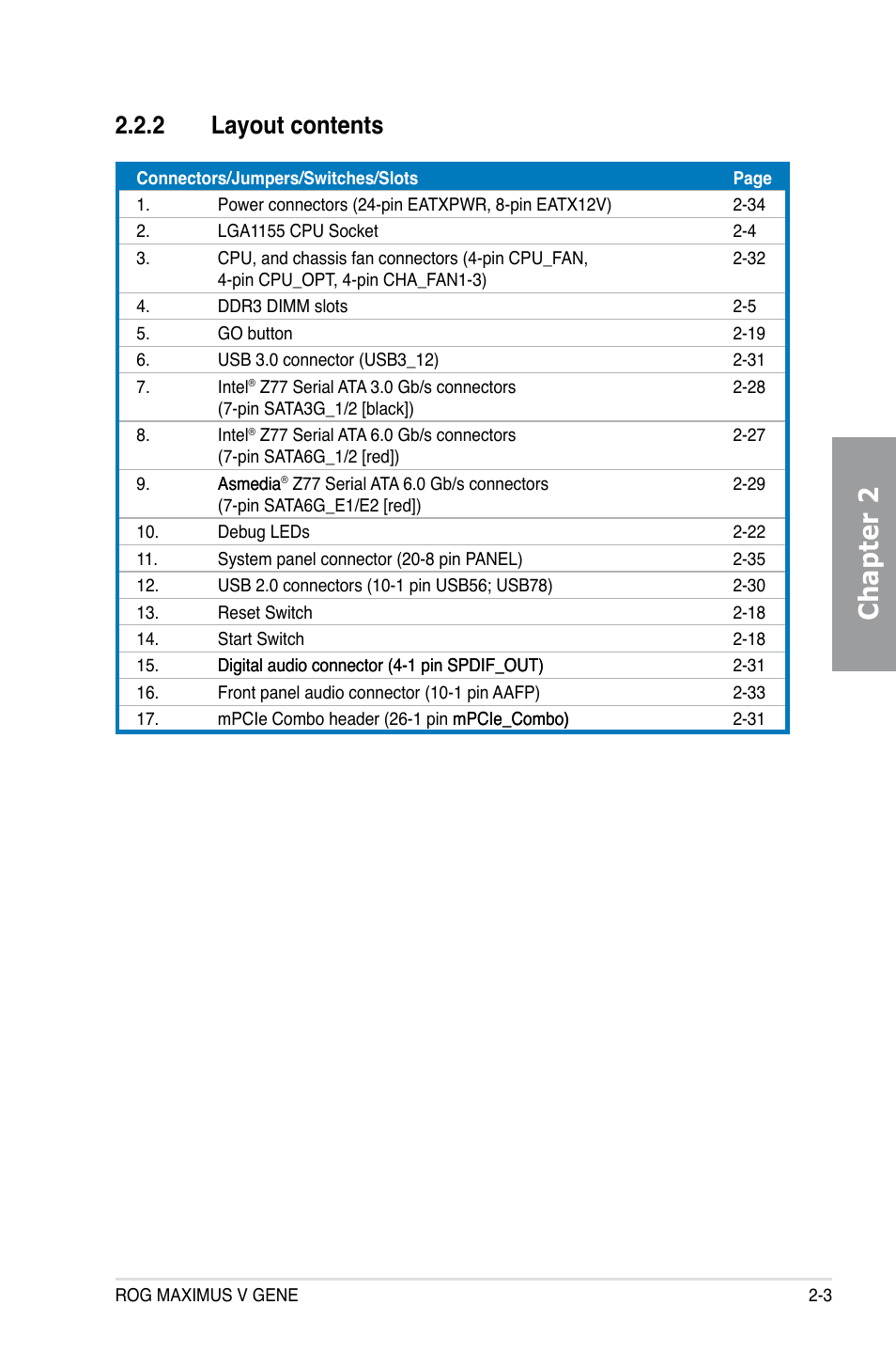 2 layout contents, Layout contents -3, Chapter 2 | Asus MAXIMUS V GENE User Manual | Page 25 / 208