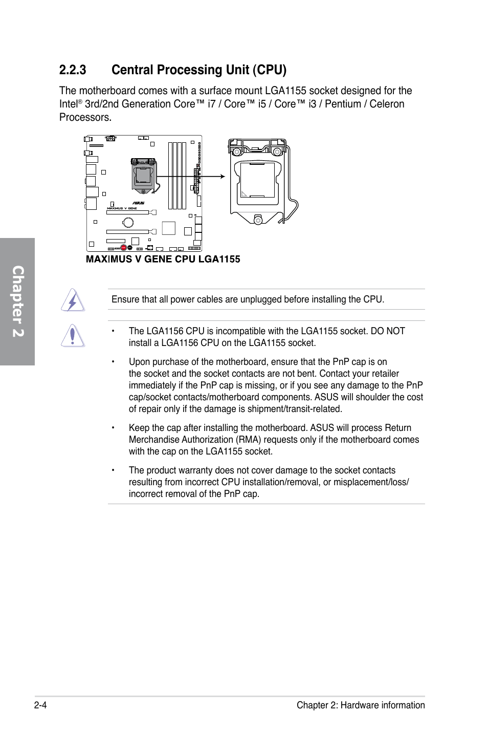 3 central processing unit (cpu), Central processing unit (cpu) -4, Chapter 2 | Asus MAXIMUS V GENE User Manual | Page 26 / 208