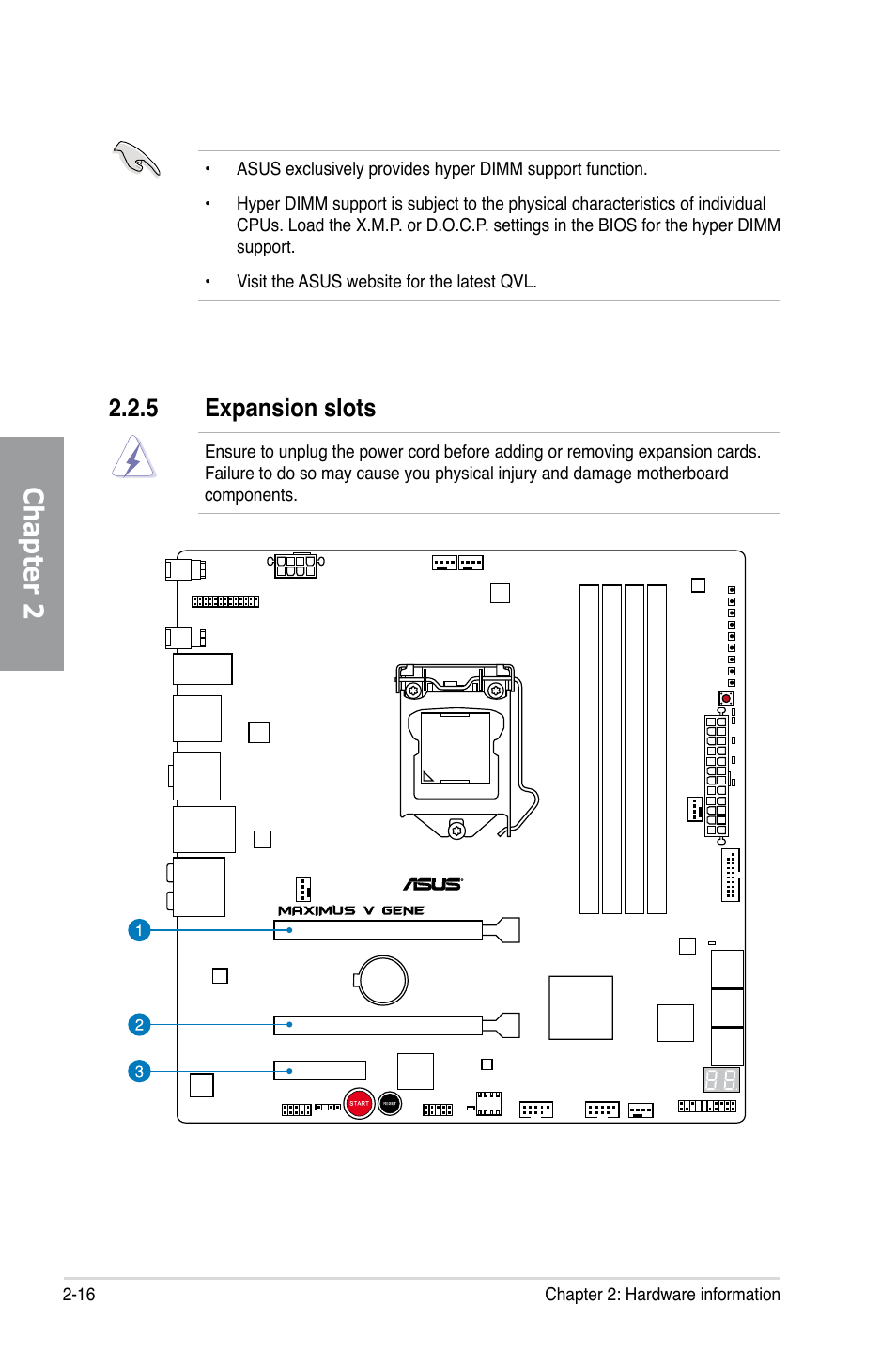 5 expansion slots, Expansion slots -16, Chapter 2 | Asus MAXIMUS V GENE User Manual | Page 38 / 208