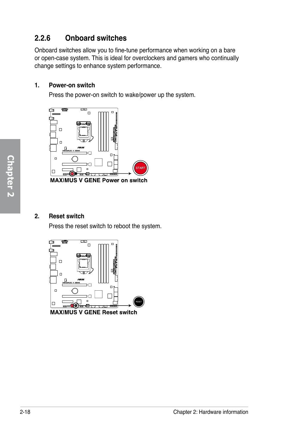 6 onboard switches, Onboard switches -18, Chapter 2 | Asus MAXIMUS V GENE User Manual | Page 40 / 208