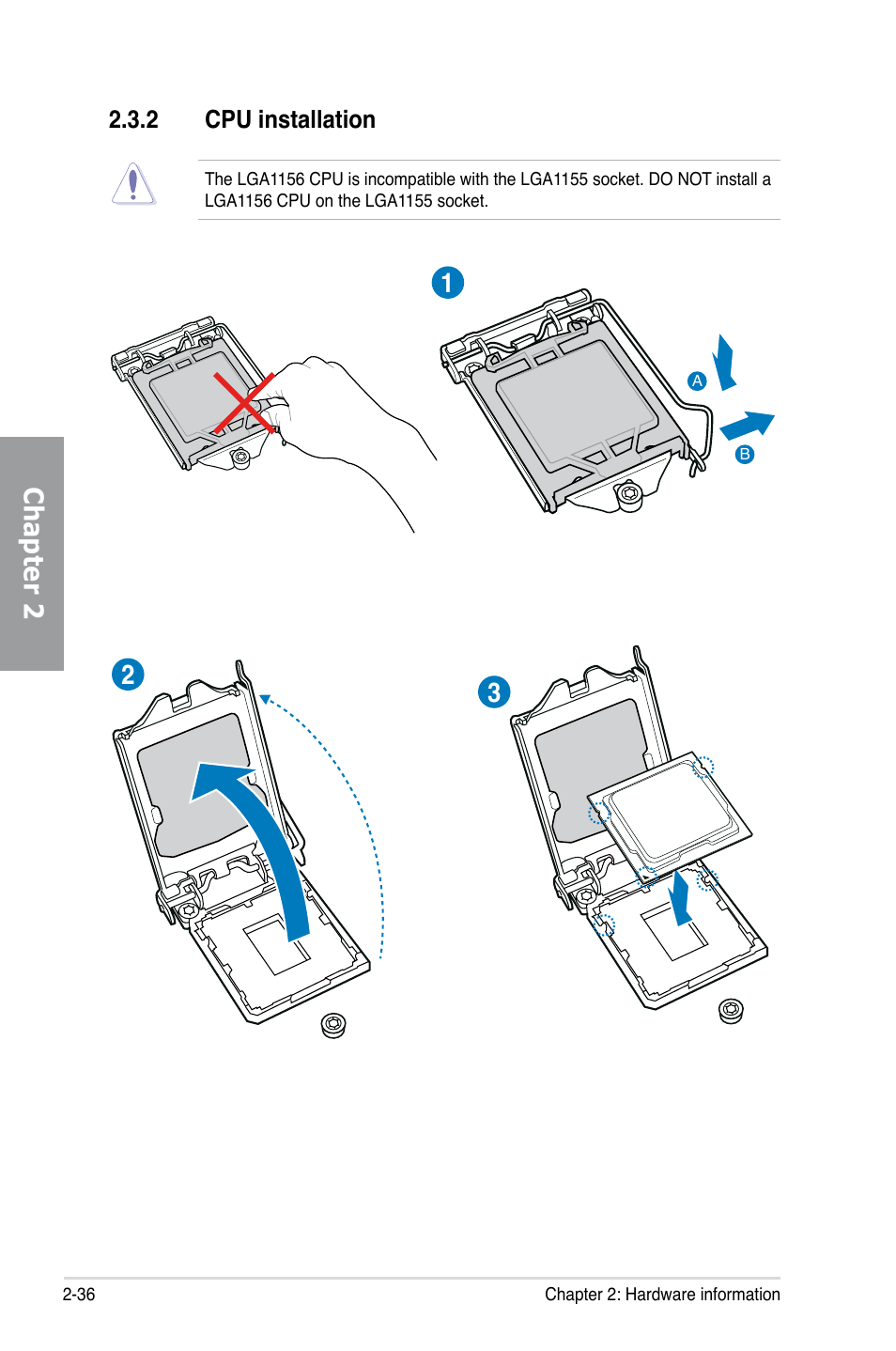 2 cpu installation, Cpu installation -36, Chapter 2 1 2 3 | Asus MAXIMUS V GENE User Manual | Page 58 / 208