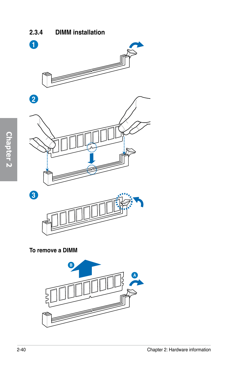 4 dimm installation, Dimm installation -40, Chapter 2 1 2 3 | Asus MAXIMUS V GENE User Manual | Page 62 / 208