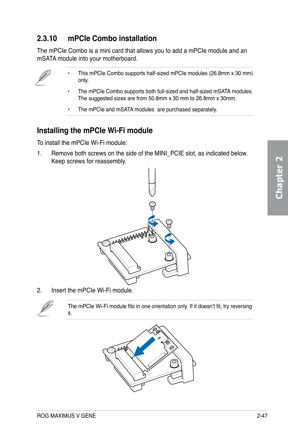 10 mpcie combo installation, Installing the mpcie wi-fi module, Chapter 2 | Asus MAXIMUS V GENE User Manual | Page 69 / 208