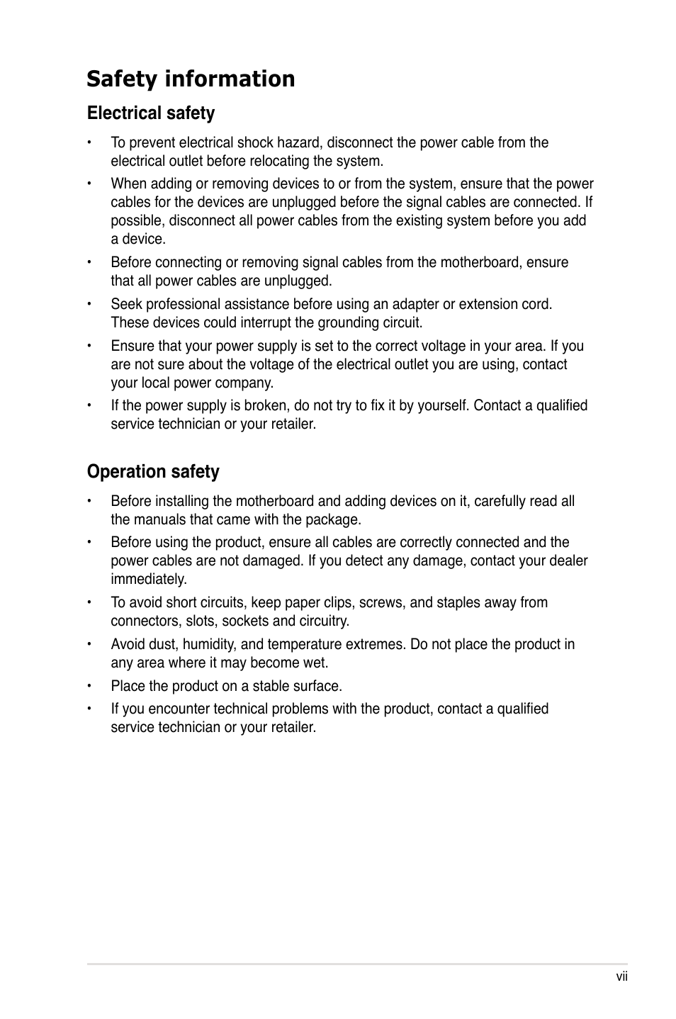 Safety information, Electrical safety, Operation safety | Asus MAXIMUS V GENE User Manual | Page 7 / 208